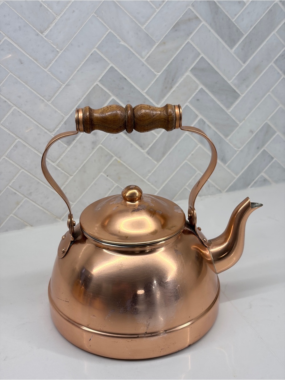 Vintage Tagus Made in Portugal Copper Tea Kettle with Wooden Handle Cottagecore